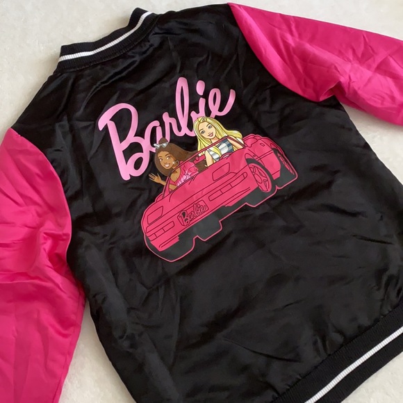 Barbie | LE Patch Logo Car Graphic Satin Bomber Jacket Black/Pink (XL 14-16) - Picture 1 of 16